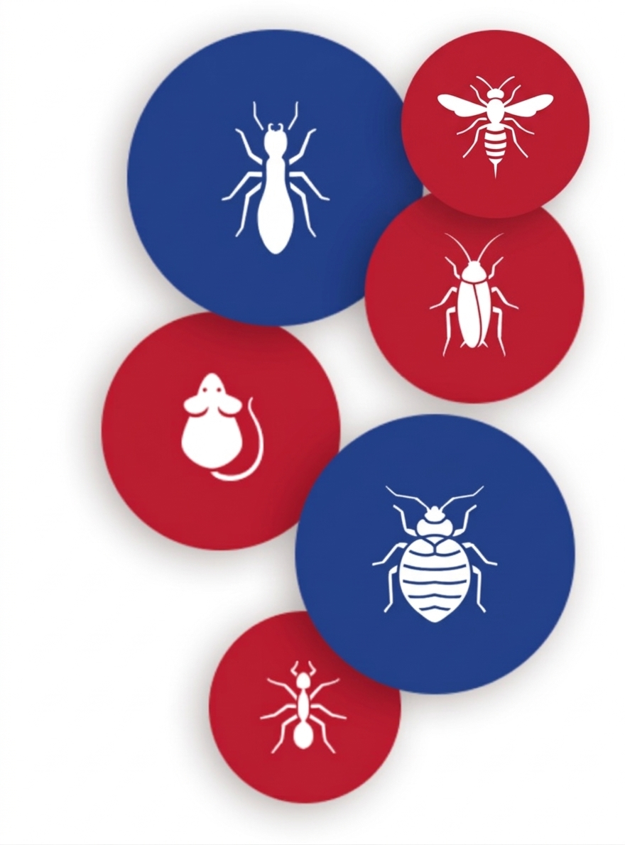 Pest control icons on colored circles